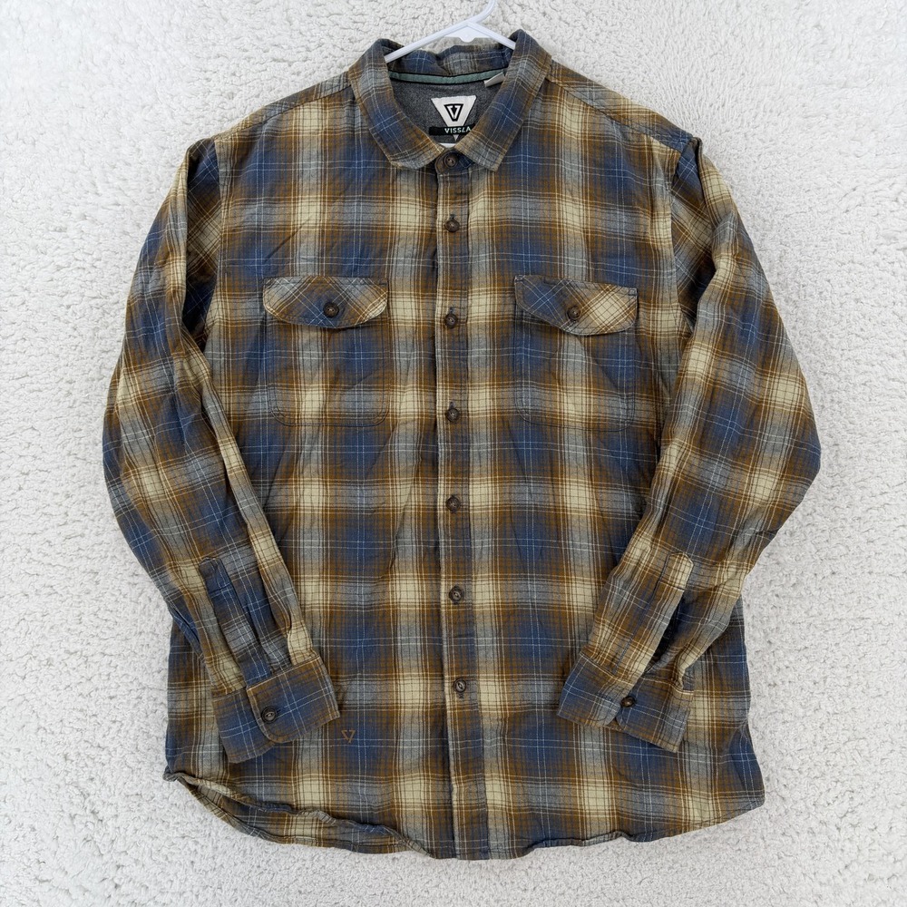 Vissla Flannel Shirt Mens XL Brown Plaid Long Sleeve Button Up Organic Cotton